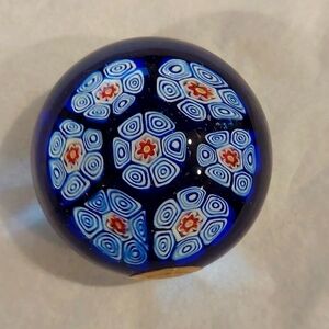 Vintage Murano Art Glass Millefoiri Paperweight in Colbalt Blue, Red, and White